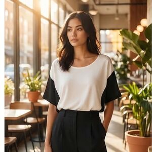 Chico's 2‎ Travelers Colorblock Top SS Black & Ecru Scoop Neck Large NWT